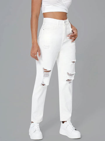 Zipper Fly Ripped Tapered Jeans