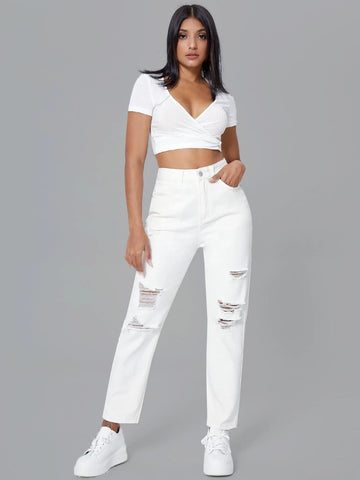 Zipper Fly Ripped Tapered Jeans