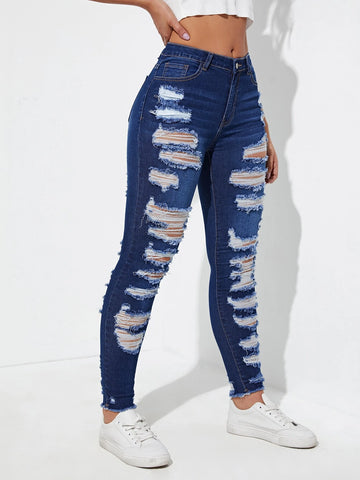 Ladder Distressed Raw Trim Skinny Jeans
