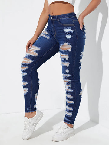 Ladder Distressed Raw Trim Skinny Jeans