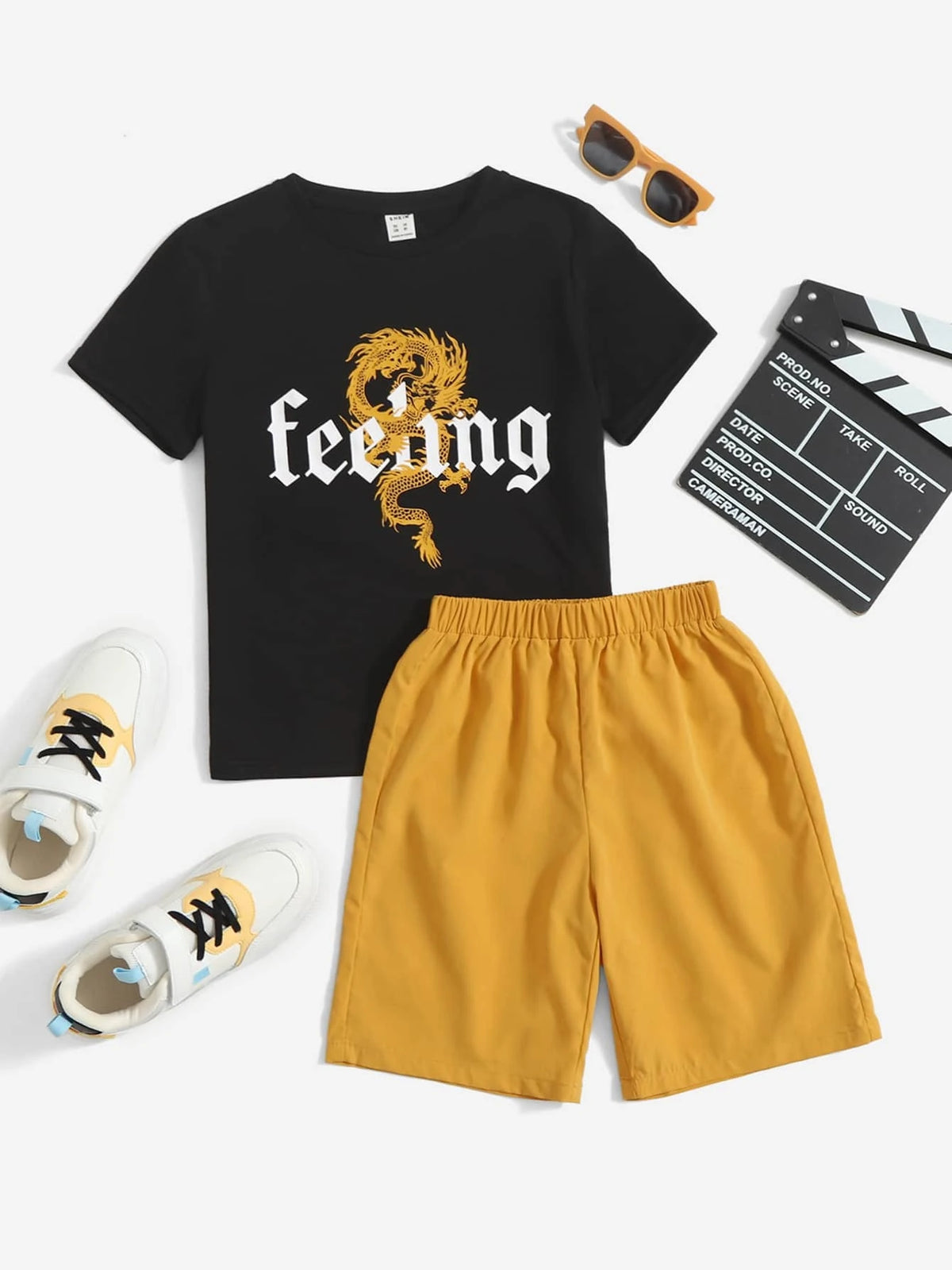 Boys Letter & Chinese Dragon Graphic Tee & Shorts
