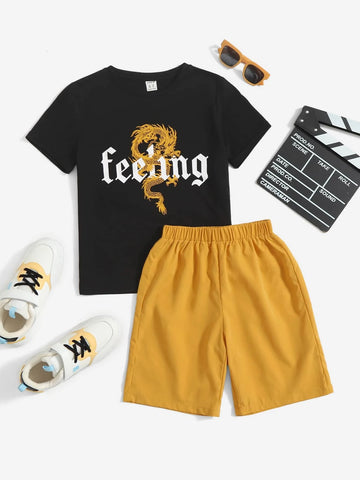Boys Letter & Chinese Dragon Graphic Tee & Shorts