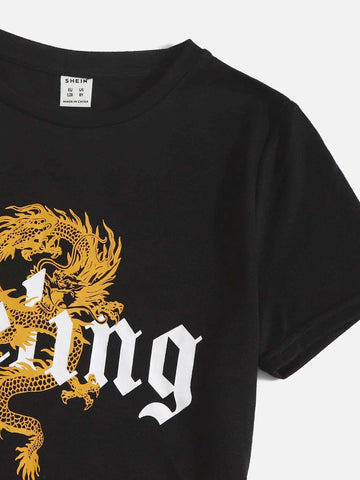 Boys Letter & Chinese Dragon Graphic Tee & Shorts