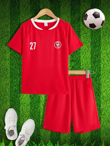 Boys Letter Graphic Contrast Trim Raglan Sleeve Soccer Jersey Set