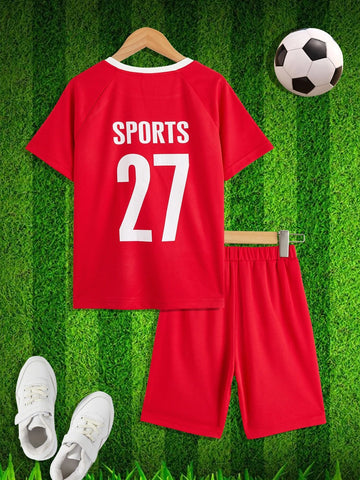 Boys Letter Graphic Contrast Trim Raglan Sleeve Soccer Jersey Set
