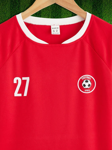 Boys Letter Graphic Contrast Trim Raglan Sleeve Soccer Jersey Set