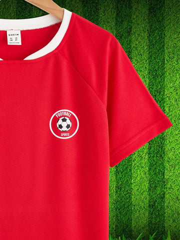 Boys Letter Graphic Contrast Trim Raglan Sleeve Soccer Jersey Set