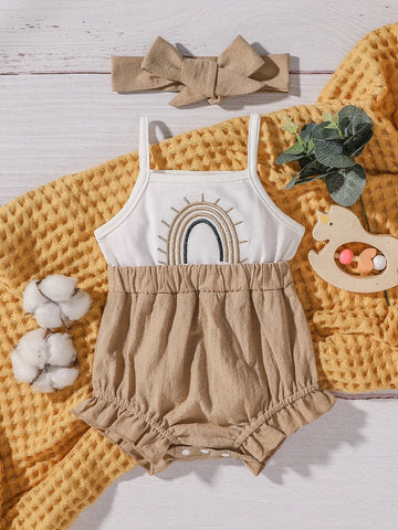 Baby Rainbow Embroidery Ruffle Hem Cami Bodysuit With Headband