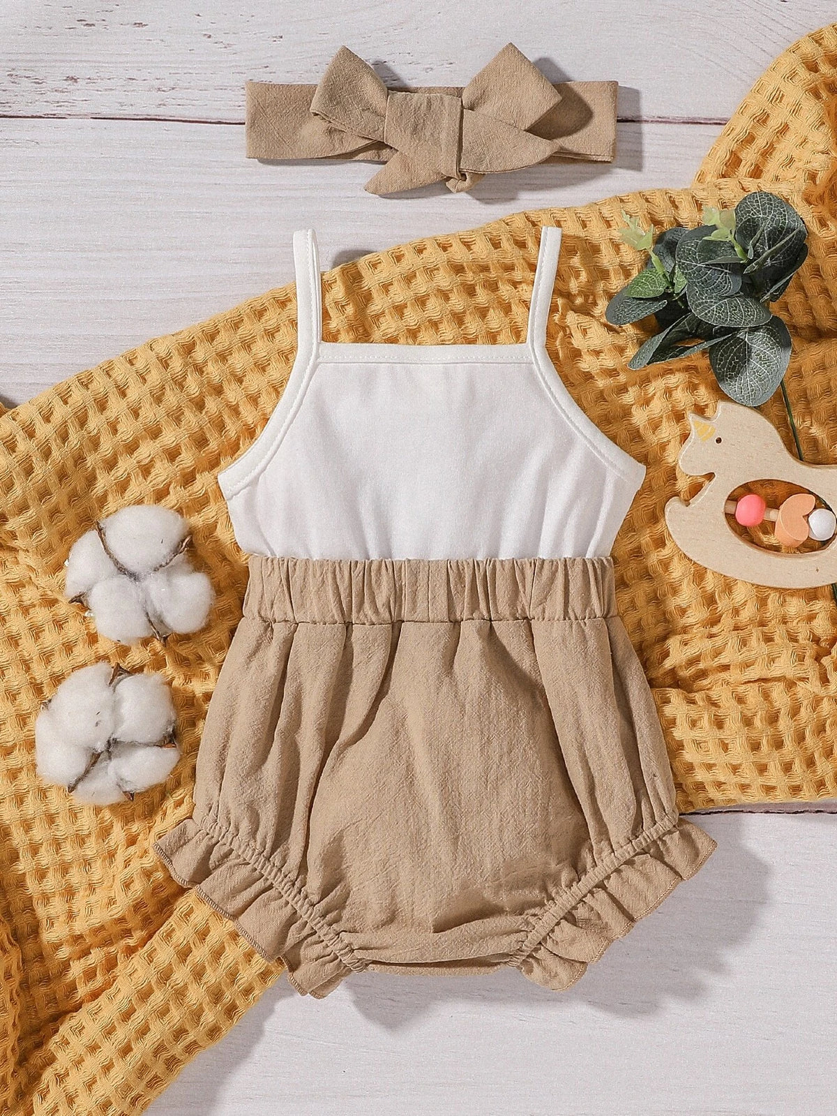 Baby Rainbow Embroidery Ruffle Hem Cami Bodysuit With Headband