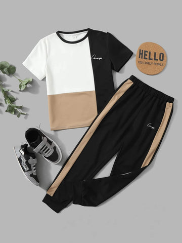 Boys Letter Graphic Tee & Contrast Side Seam Sweatpants
