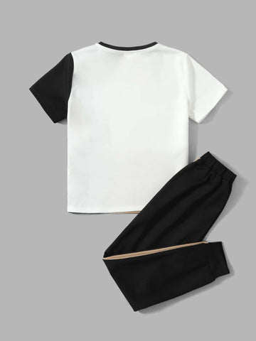 Boys Letter Graphic Tee & Contrast Side Seam Sweatpants