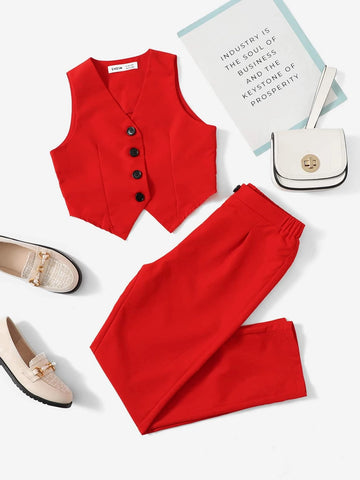 Girls Single Breasted Vest Jacket & Straight Leg Pants