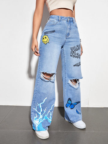 Butterfly & Letter Graphic Ripped Jeans