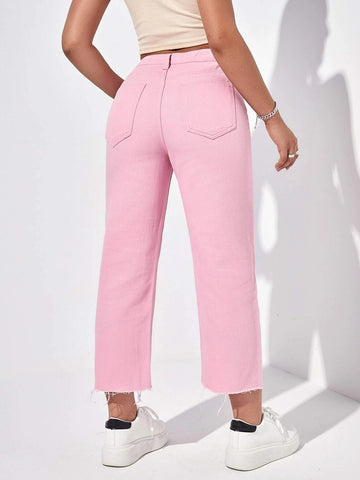 High Waist Raw Hem Straight Leg Jeans