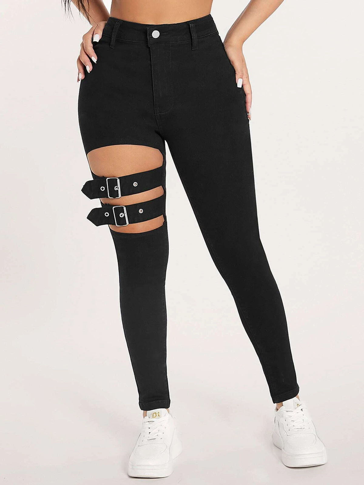 PETITE High Waist Buckle Front Cut Out Skinny Jeans