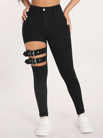 PETITE High Waist Buckle Front Cut Out Skinny Jeans