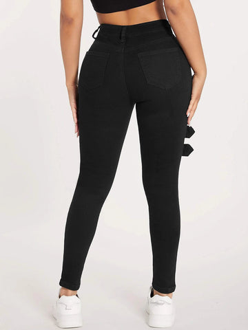 PETITE High Waist Buckle Front Cut Out Skinny Jeans