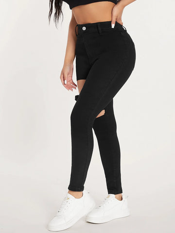 PETITE High Waist Buckle Front Cut Out Skinny Jeans