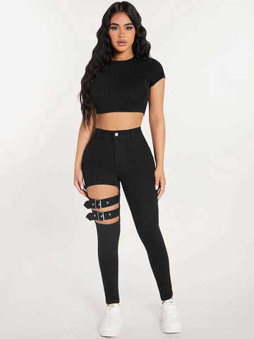 PETITE High Waist Buckle Front Cut Out Skinny Jeans