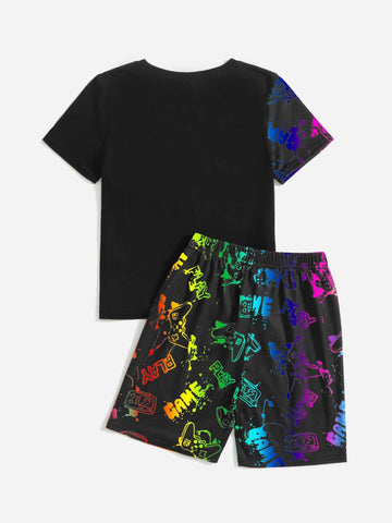 Boys Letter & Cartoon Graphic Tee And Elastic Waist Shorts
