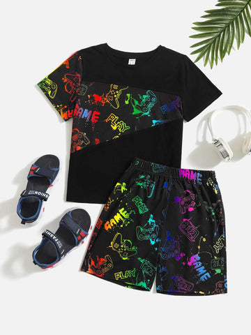 Boys Letter & Cartoon Graphic Tee And Elastic Waist Shorts