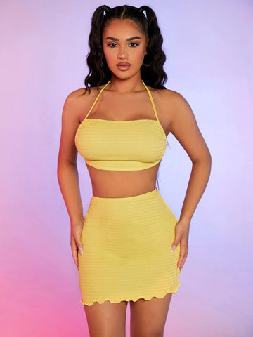 Textured Tie Backless Halter Top & Lettuce Trim Skirt