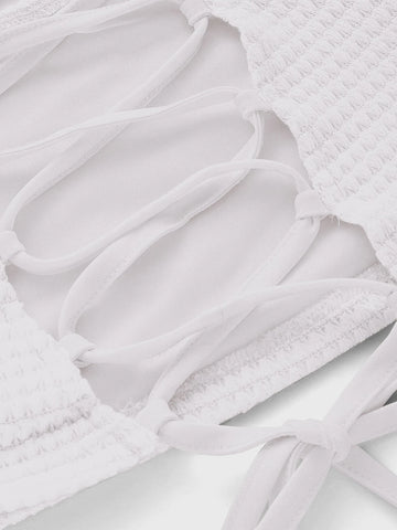 MOD Puff Sleeve Lace Up Backless Textured Crop Top