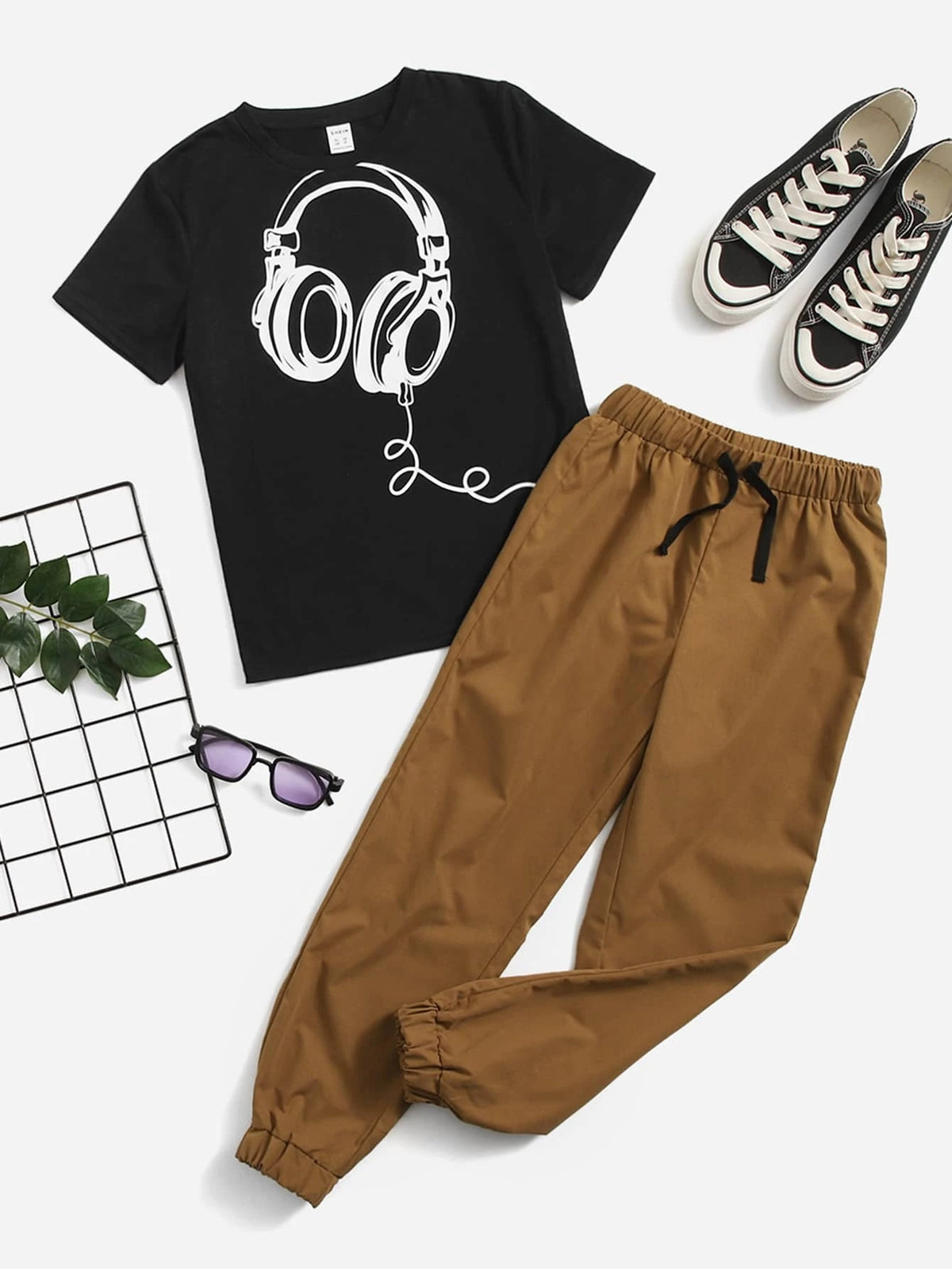 Boys Headphone Print Tee & Drawstring Waist Pants