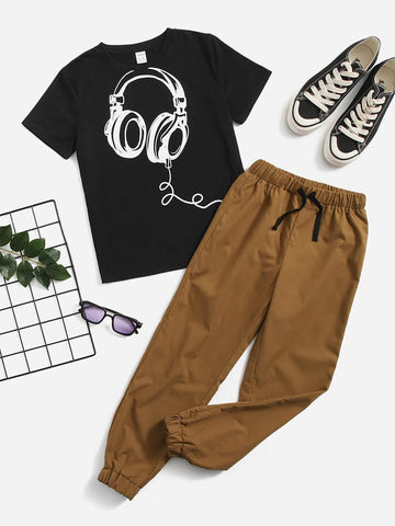 Boys Headphone Print Tee & Drawstring Waist Pants