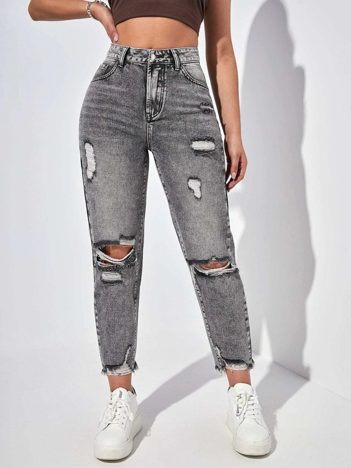 PETITE High Waisted Ripped Mom Fit Jeans