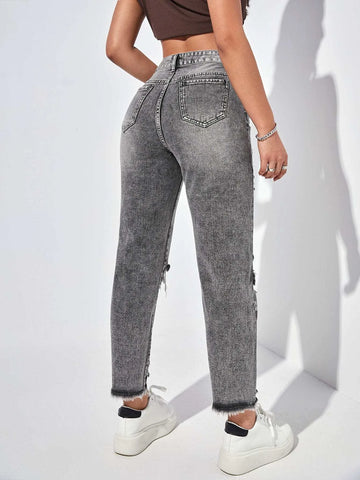 PETITE High Waisted Ripped Mom Fit Jeans