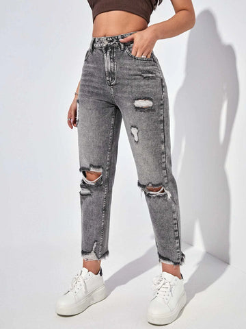 PETITE High Waisted Ripped Mom Fit Jeans