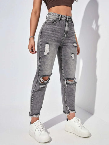 PETITE High Waisted Ripped Mom Fit Jeans