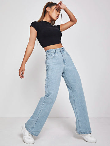 PETITE High Waisted Zip Fly Wide Leg Jeans