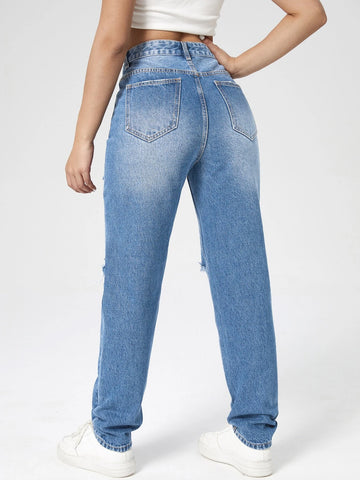 Washed Ripped Mom Jeans