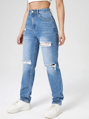 Washed Ripped Mom Jeans