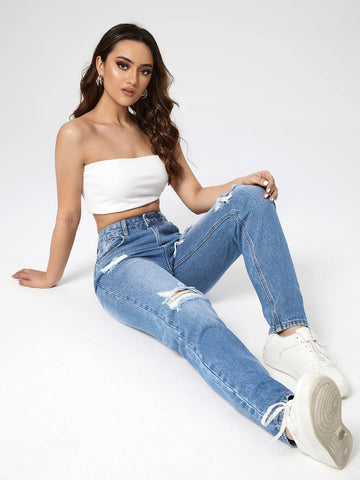 Washed Ripped Mom Jeans