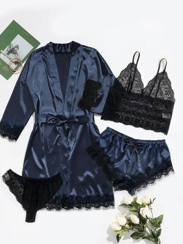 4pack Floral Lace Lingerie Set With Satin Belted Robe