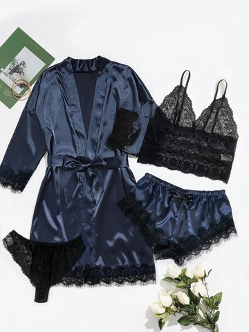 4pack Floral Lace Lingerie Set With Satin Belted Robe