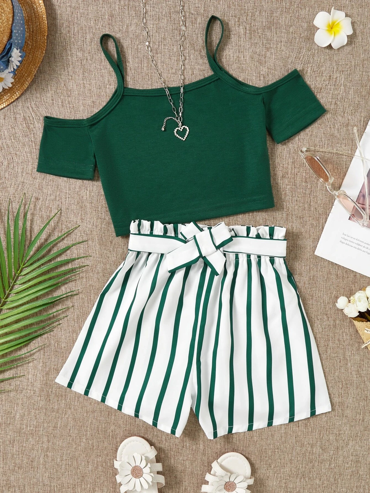 Girls Cold Shoulder Tee With Striped Belted Shorts