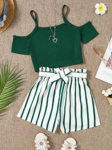 Girls Cold Shoulder Tee With Striped Belted Shorts