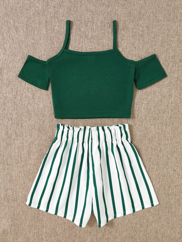 Girls Cold Shoulder Tee With Striped Belted Shorts