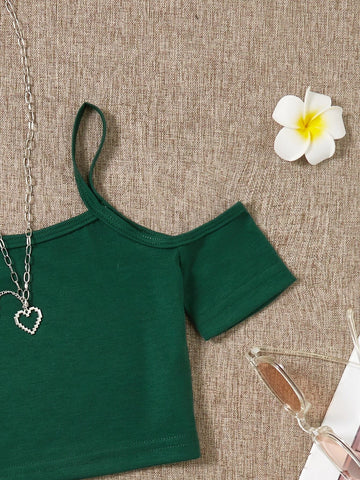 Girls Cold Shoulder Tee With Striped Belted Shorts