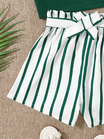Girls Cold Shoulder Tee With Striped Belted Shorts