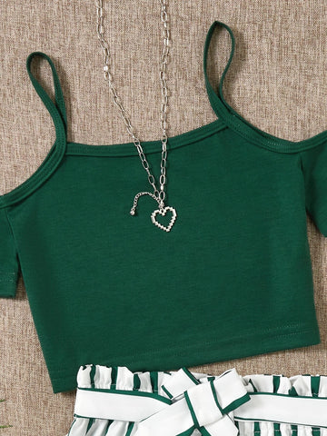 Girls Cold Shoulder Tee With Striped Belted Shorts