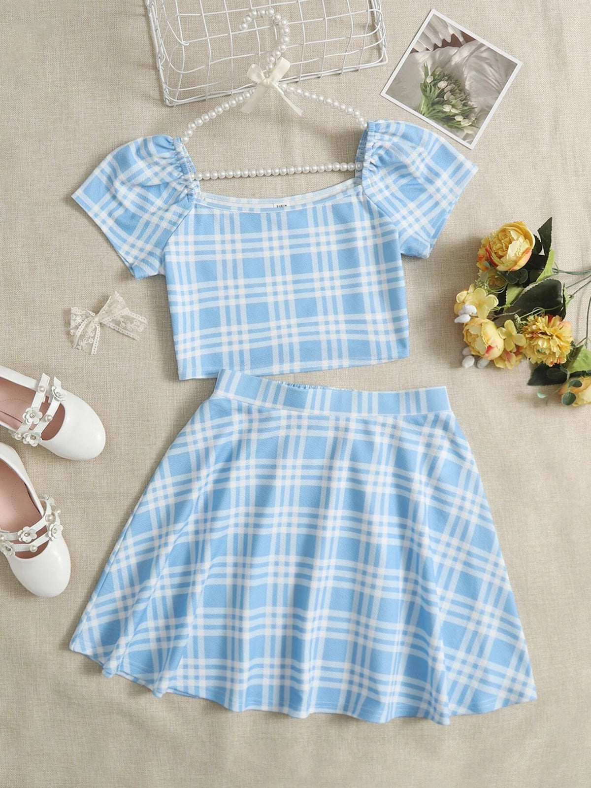 Teen Girls Plaid Puff Sleeve Blouse & Skirt