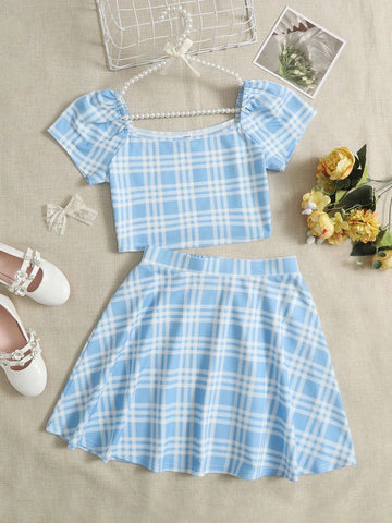 Teen Girls Plaid Puff Sleeve Blouse & Skirt