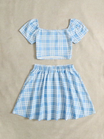 Teen Girls Plaid Puff Sleeve Blouse & Skirt