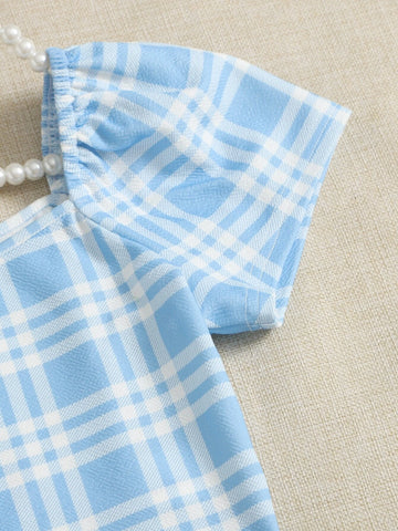 Teen Girls Plaid Puff Sleeve Blouse & Skirt