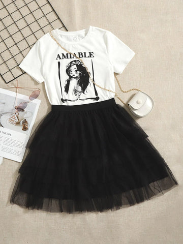 Girls Figure & Letter Graphic Tee & Layered Mesh Skirt